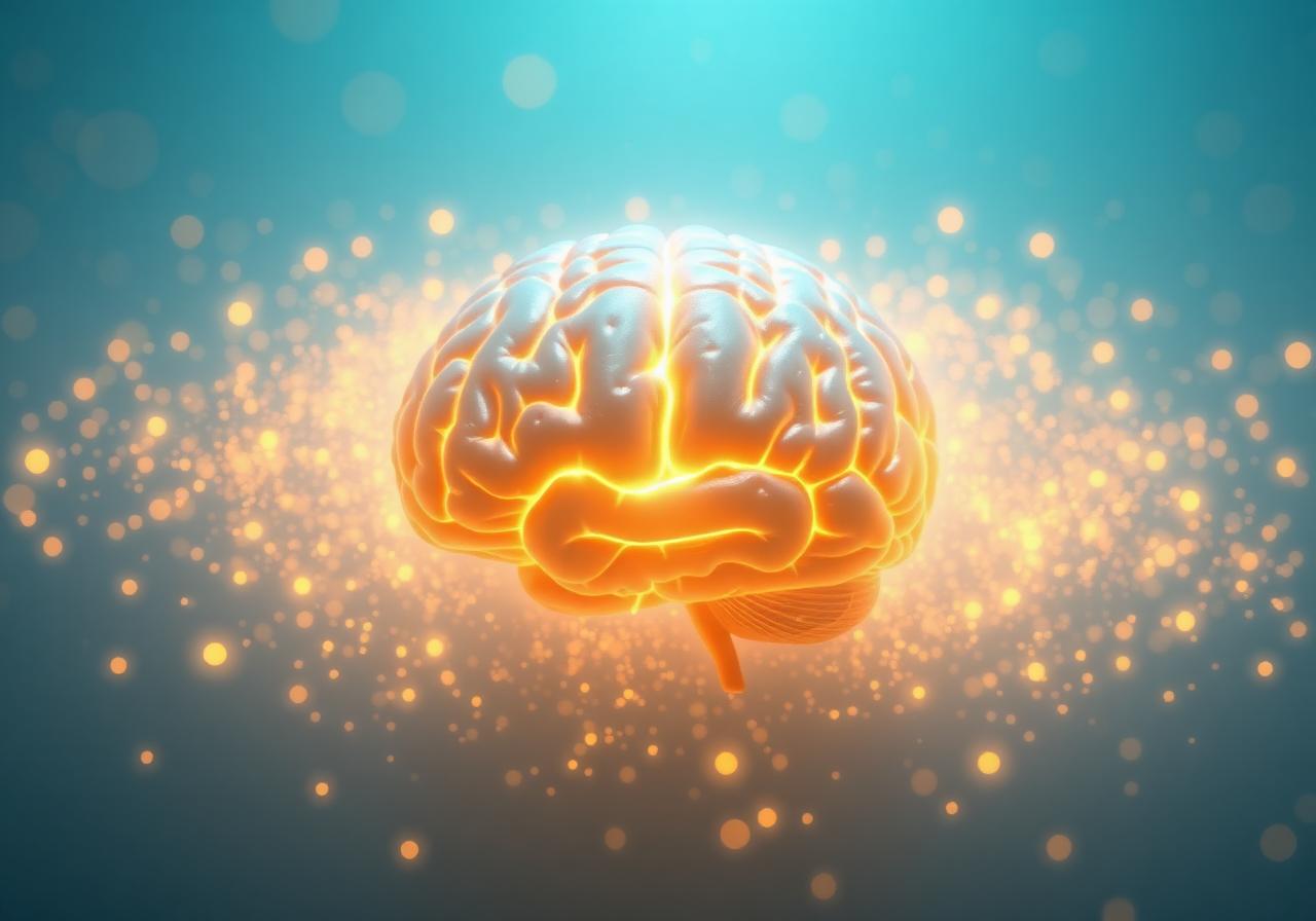 Illustration of a calm, focused brain glowing with soft light