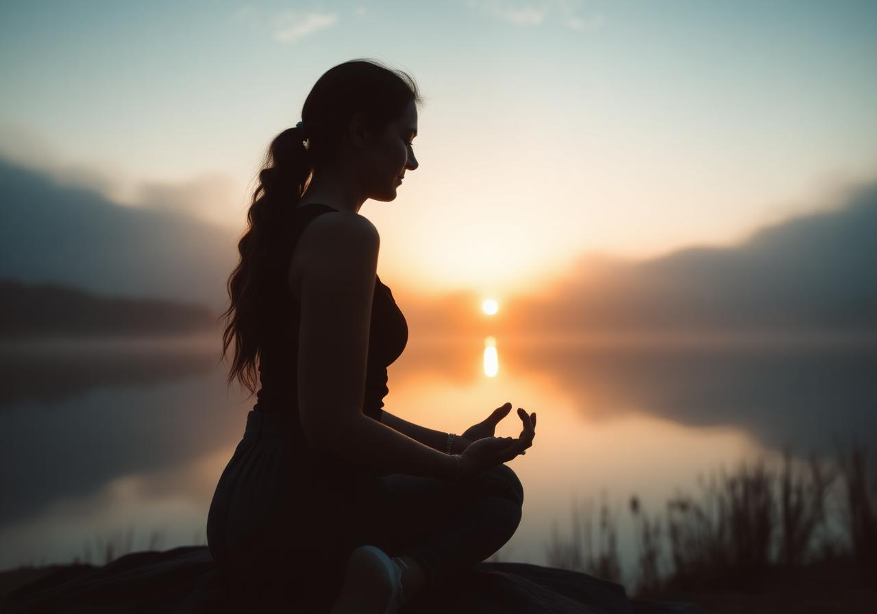 Woman meditating at sunrise, experiencing mental clarity and calm